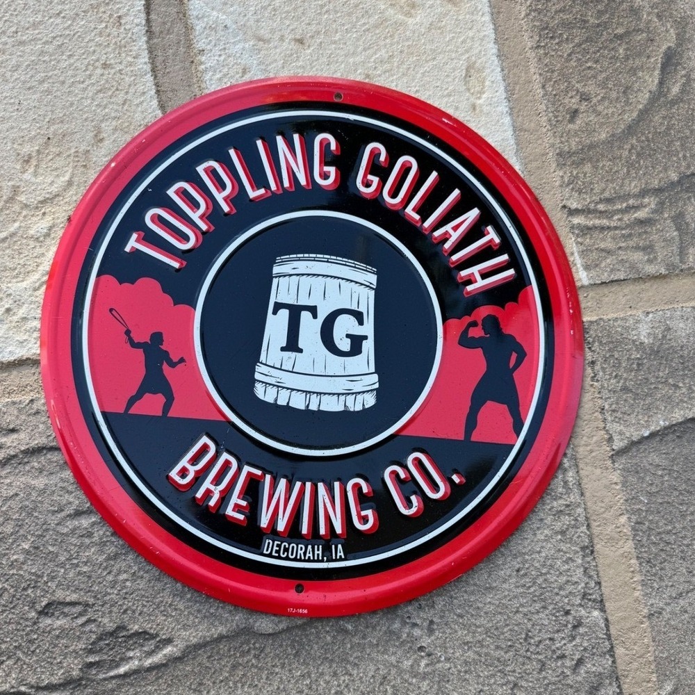 Toppling Goliath Brewing Co Embossed Metal Tin Tacker Sign 12 In Round Red Black